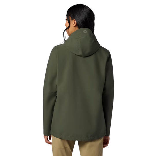 A woman shown from the back wearing an olive green hooded jacket and tan pants against a plain white background.