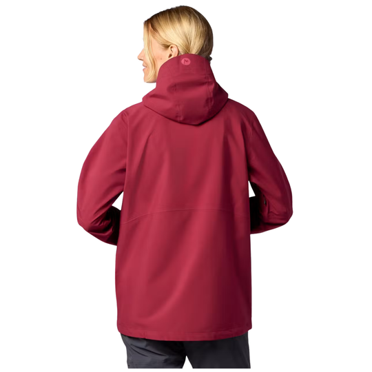 A woman shown from the back wearing a hooded jacket in a deep burgundy or maroon color, photographed against a plain white studio background.