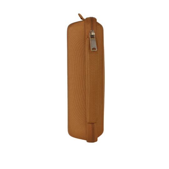 Brown rectangular pouch with a zipper on a white background