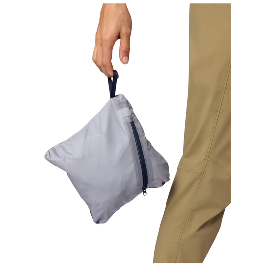 A hand holding a small light gray zippered pouch next to a cropped view of tan pants, on a white background.