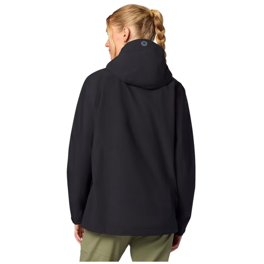 A woman shown from the back wearing a black hooded jacket and olive green pants against a plain white background.