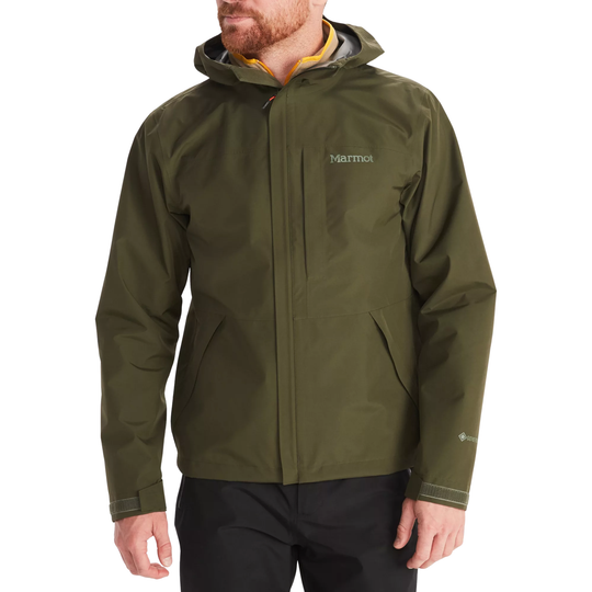 A man wearing a Marmot hooded rain jacket in olive green with a yellow inner collar lining, shown from the chin down against a plain white background.