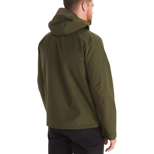 A man wearing an olive green hooded jacket, shown from a rear three-quarter view against a plain white background.