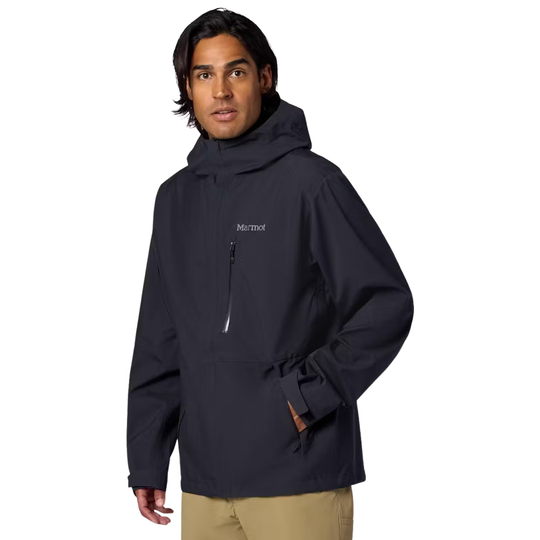 Man wearing a black jacket with a brand logo on a white background