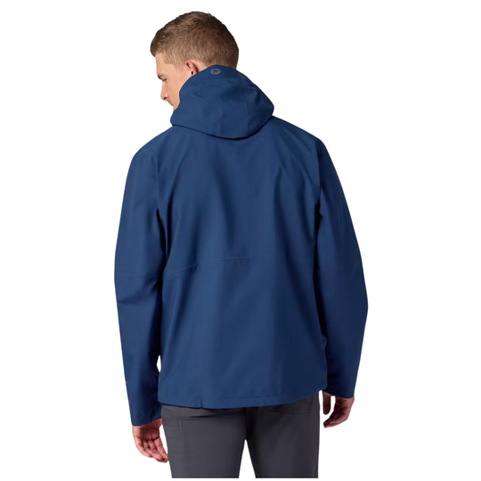 A man wearing a navy blue hooded jacket, shown from the back against a plain white background.