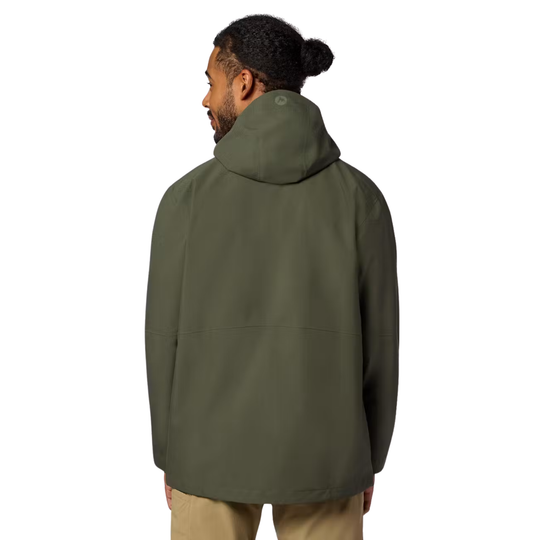 A man wearing an olive green hooded jacket, shown from the back against a plain white background.