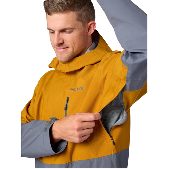 A man wearing a yellow and gray Merol waterproof jacket, demonstrating the hood and zippered chest pocket on a white background.
