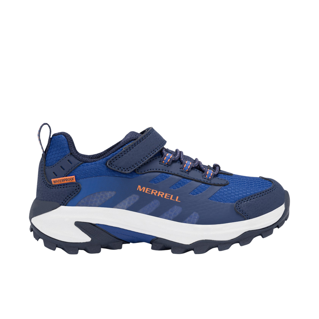 A Merrell kids' outdoor shoe in navy blue and royal blue, featuring a hook-and-loop strap closure, a white midsole, and orange branding details.