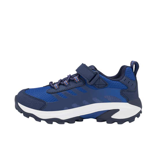 A Merrell kids' outdoor shoe in navy blue and royal blue, featuring a hook-and-loop strap closure, a white midsole, and orange branding details.
