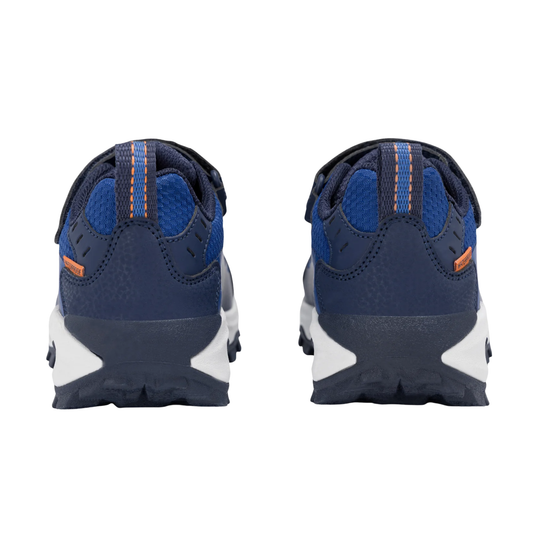 A pair of navy blue and blue athletic shoes shown from the back, featuring white midsoles and small orange accents, set against a plain white background.