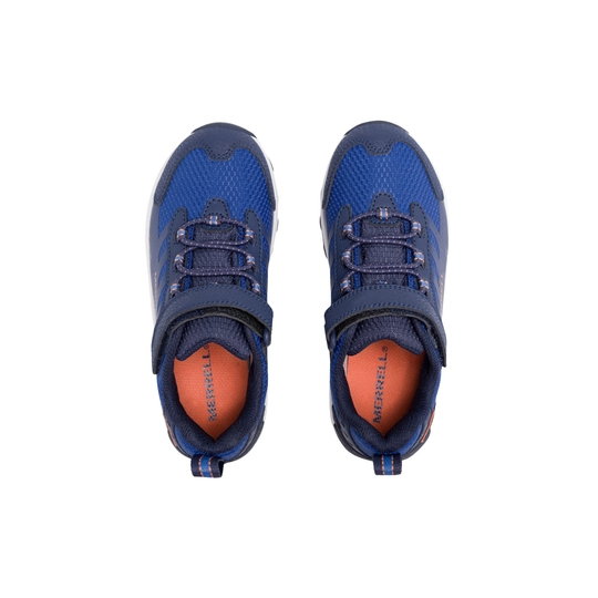 Pair of blue children's shoes with orange soles on a white background
