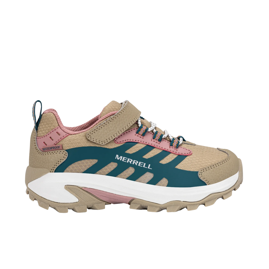Merrell kids' trail running shoe in beige and teal with pink accents, featuring a hook-and-loop strap and a white midsole, shown in a side profile on a white background.