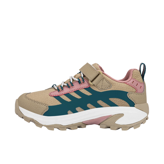 A children's athletic sneaker in beige, teal, and pink, featuring a hook-and-loop strap closure, lace-up front, and a chunky white and beige sole, shown against a plain white background.