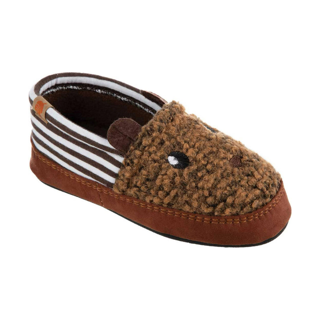 Brown fuzzy kids' moccasin slipper with bear face and striped cuff