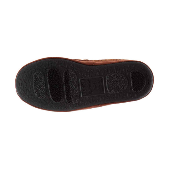 Brown moccasin slipper sole with black traction pads and embossed logo panel