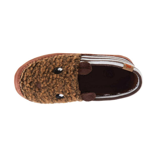Brown animal-face moccasin slipper with fuzzy upper, small ears, and striped trim