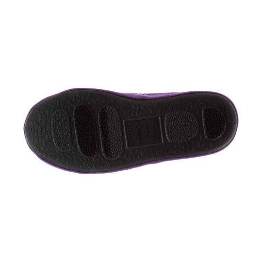 Black slipper sole with purple trim and textured tread, shown from underneath