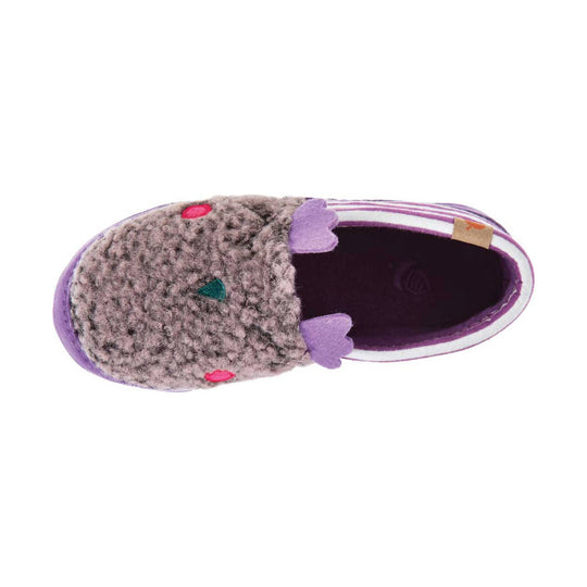 Purple and gray fuzzy closed-back slipper with embroidered dots and a striped trim