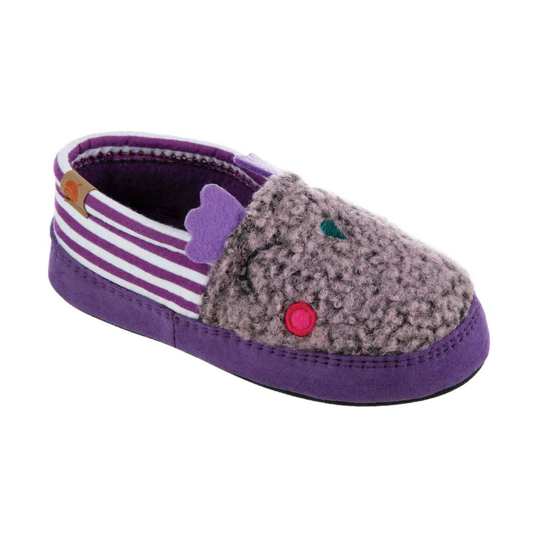 Purple fuzzy toddler slipper with striped heel cuff, flower detail, and embroidered heart accents