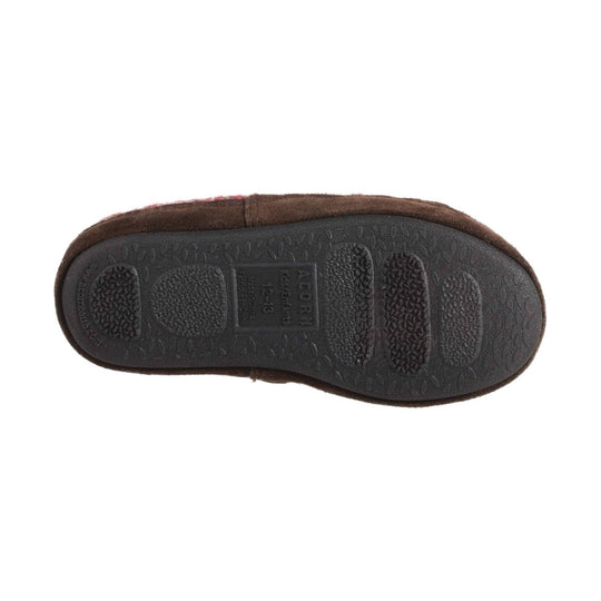 Brown suede moccasin slipper shown from the sole with a black rubber tread
