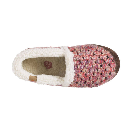 Pink multicolor knit moccasin slipper with white sherpa lining, shown from above