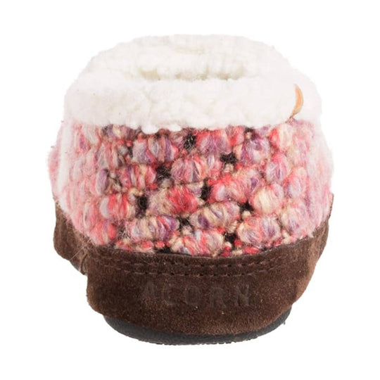 Kids' moccasin slipper with a white faux-fur cuff, pink woven upper, and brown suede-like sole