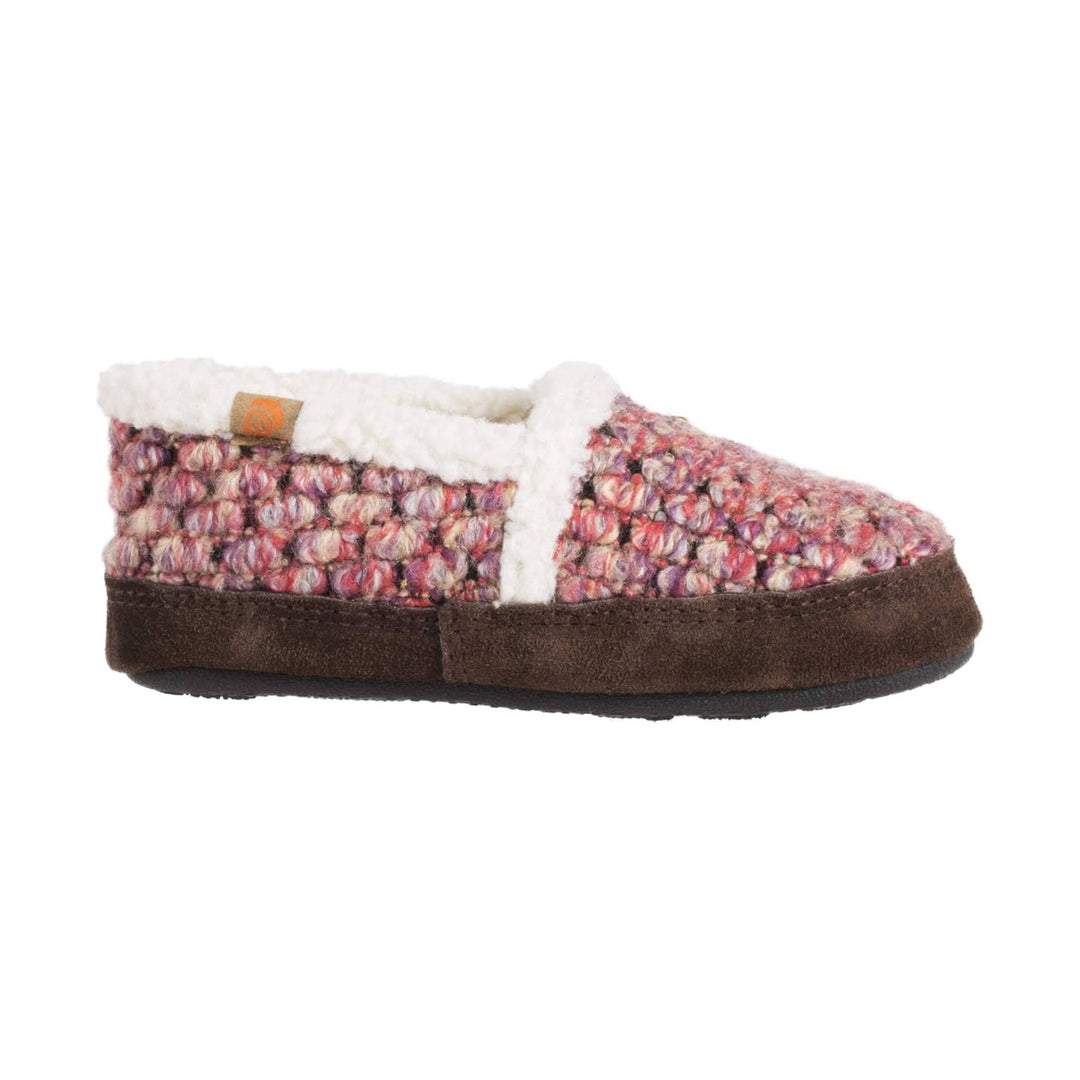 Pink speckled knit slipper moccasin with white faux-fur trim and brown suede sole
