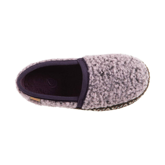 Gray fuzzy slip-on slipper with dark trim and woven sole edge, top view