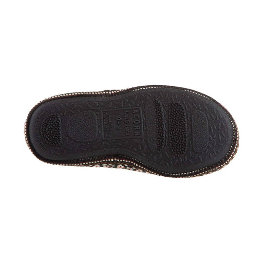 Black slipper outsole with embossed floral tread and woven trim around the edge