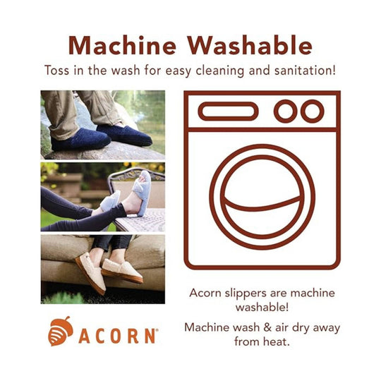 Acorn slippers in three styles beside a machine-washable icon