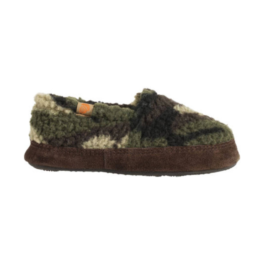 Green, brown, and cream fuzzy slip-on slipper with a brown sole
