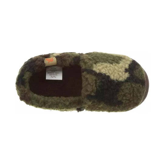 Camouflage faux-fur moccasin slipper viewed from above