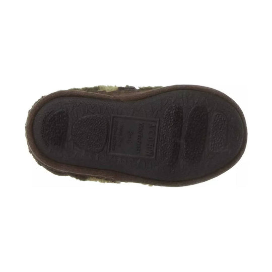 Underside of a brown slipper with black treaded sole