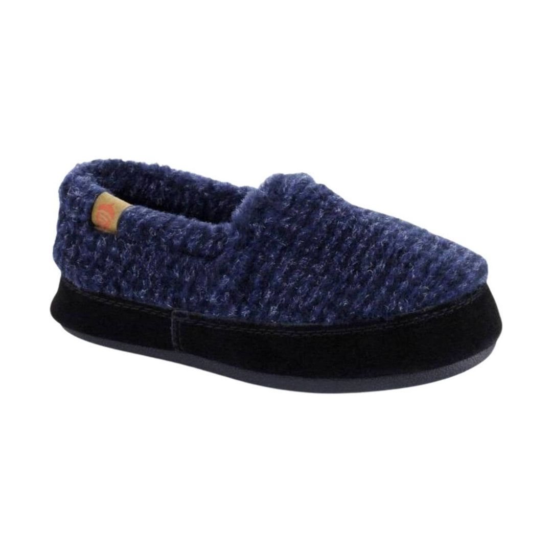 Blue knit moc slipper with a black sole