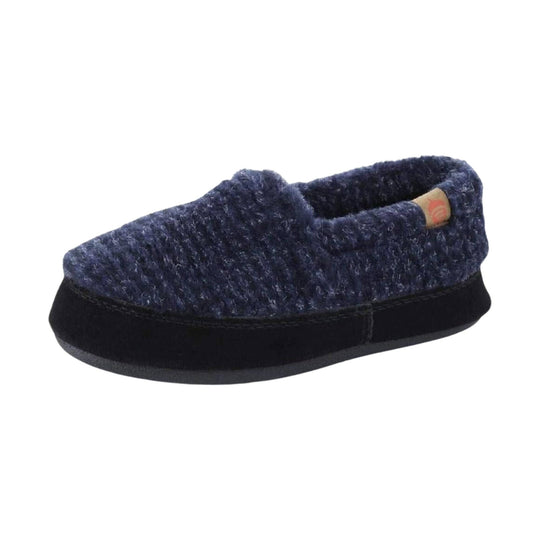 Blue knit moc slipper with black sole and small heel logo tag