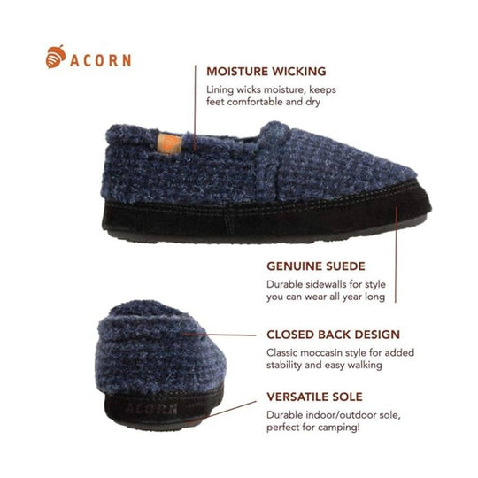 Blue closed-back slipper with black sole, shown in side and back views