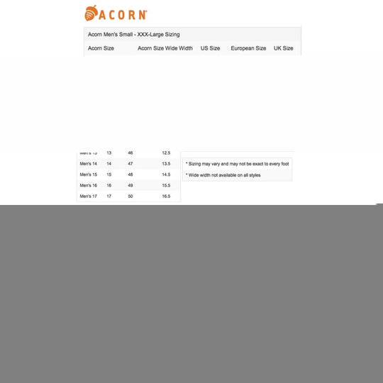 Acorn men's sizing chart with US, European, and UK shoe sizes