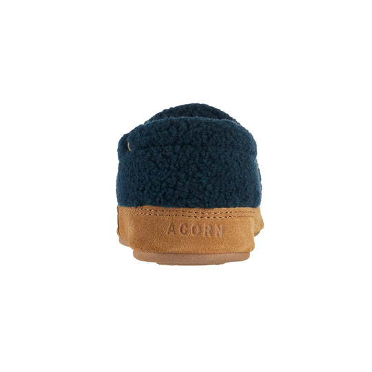 Blue and tan slipper seen from the back with fleece upper and embossed ACORN heel panel