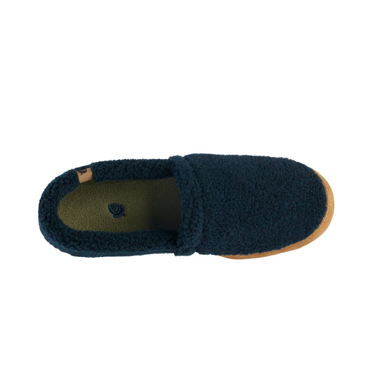 Dark blue fuzzy moccasin slipper with tan sole, shown from above