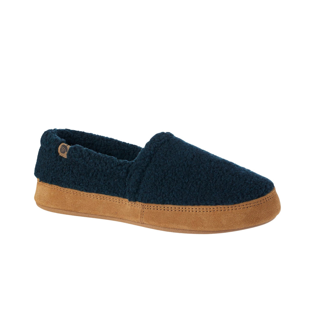 Dark blue fuzzy moc slipper with tan sole and folded collar