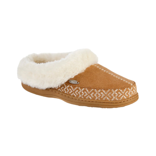 Tan clog slipper with white fleece collar and ACORN tag