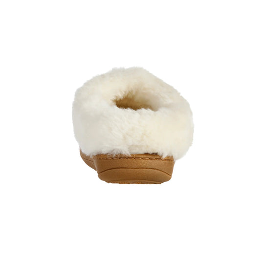 White fuzzy backless clog slipper with tan sole, rear view