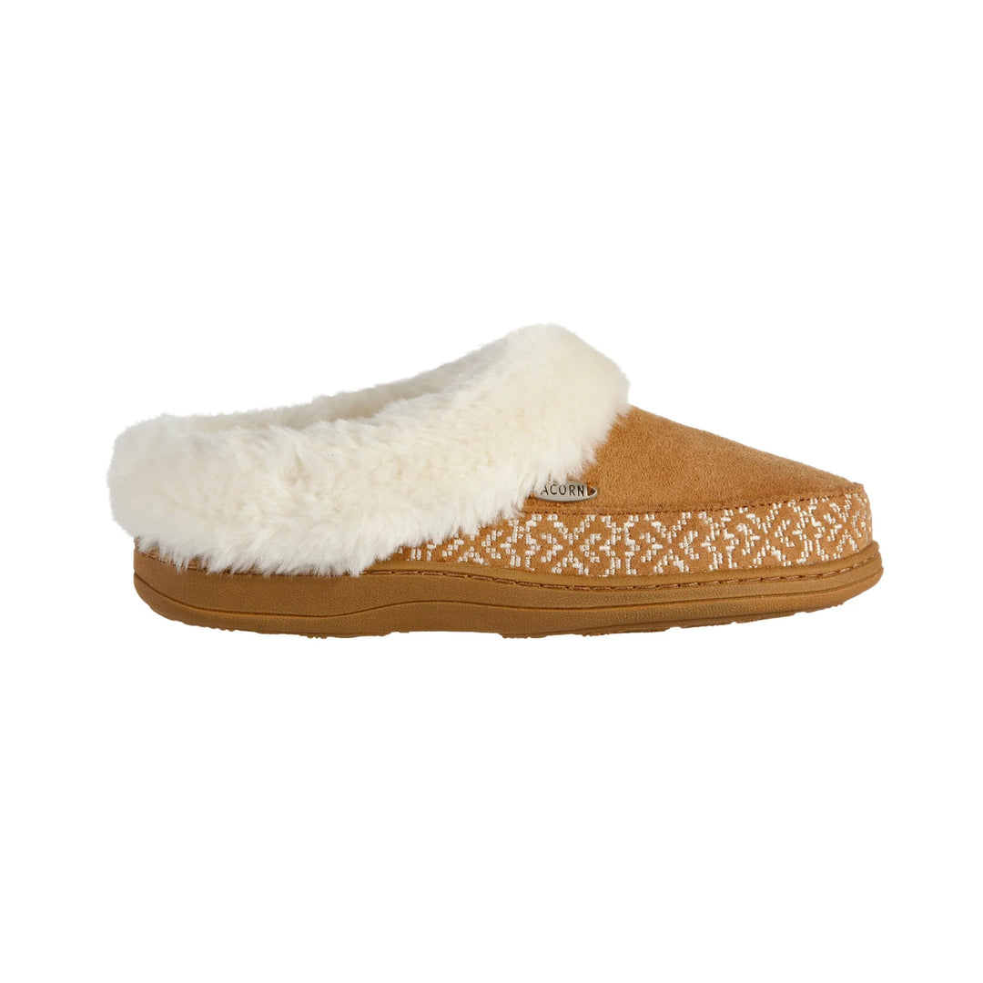 Tan clog slipper with white faux-fur lining and embroidered side detailing