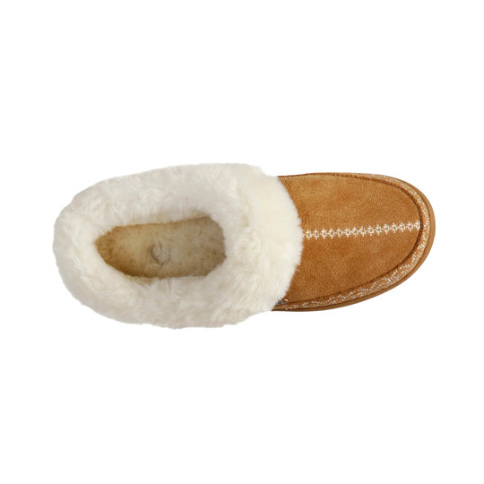 Brown suede clog slipper with white faux-fur lining and embroidered stitching