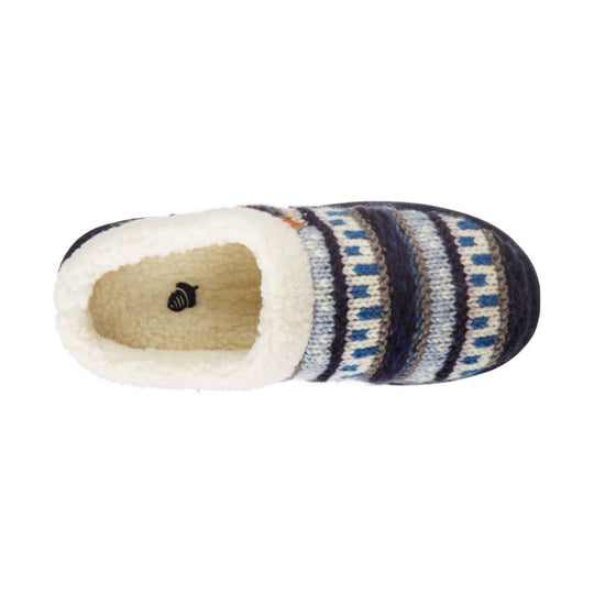 Plush striped knit slip-on slipper with fleece lining, viewed from above