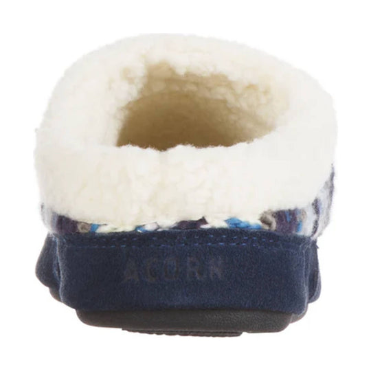 Navy backless slipper with white faux fur cuff and brown sole