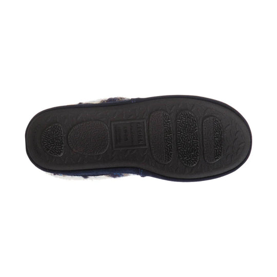 Black slipper outsole with textured tread and fuzzy navy-and-white upper visible at the edges