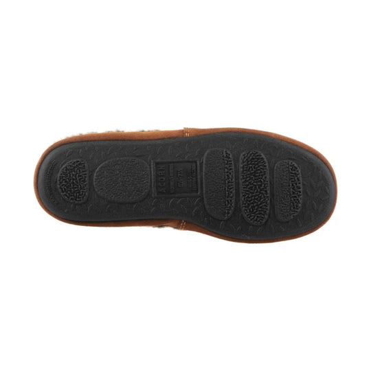 Bottom view of a brown shearling slipper with a black textured rubber outsole