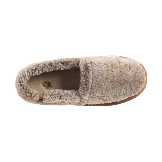 Beige fuzzy closed-back slip-on slipper with tan sole, top view