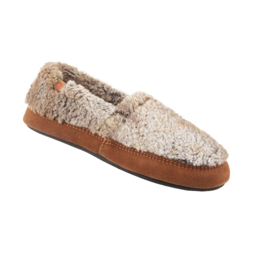 Fuzzy brown and cream slip-on moccasin slipper with tan suede trim and black sole